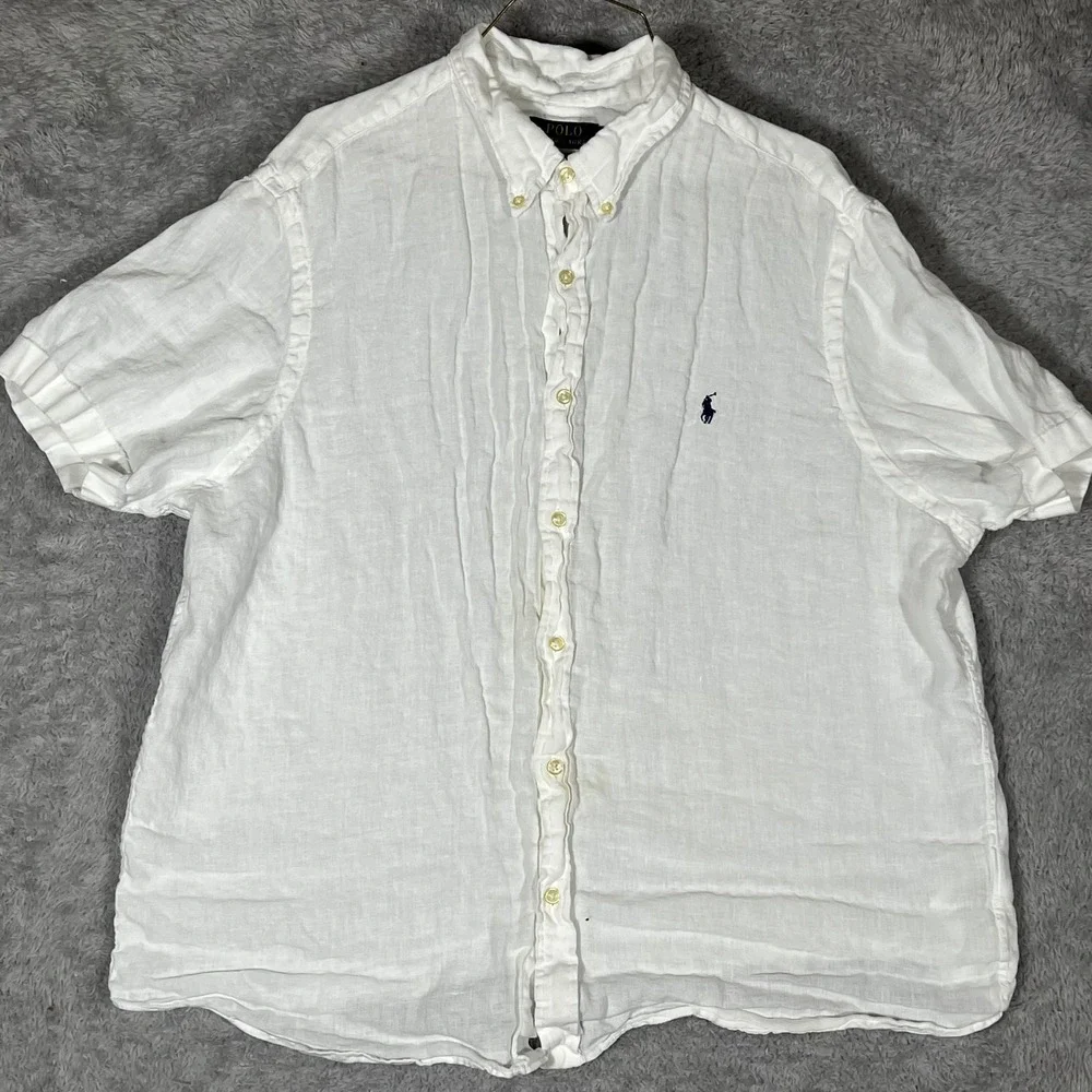 Polo Ralph Lauren Mens XL White 100% Linen Short Sleeve Button Down Shirt